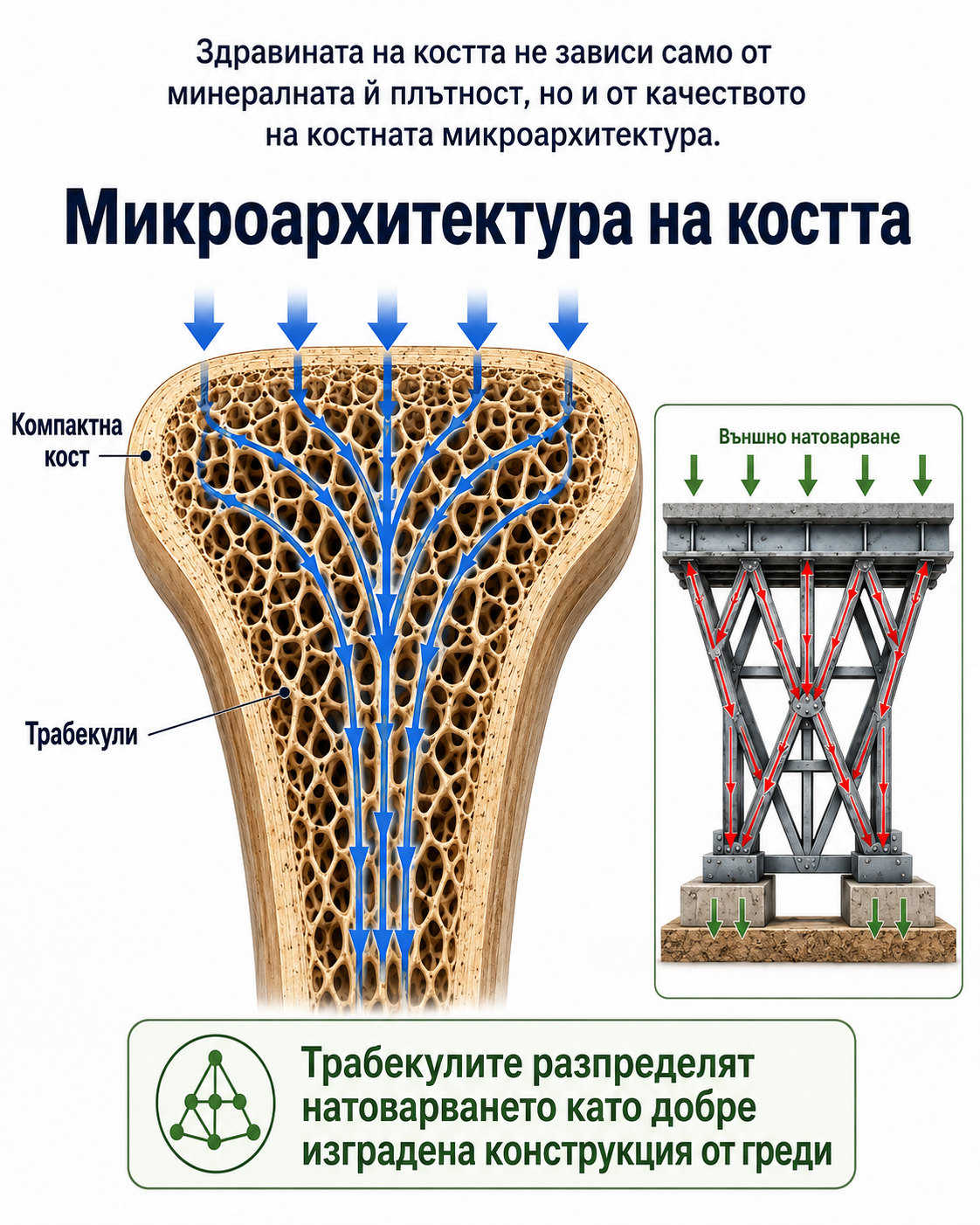 Микроархитектура на костта — как трабекулите разпределят натоварването