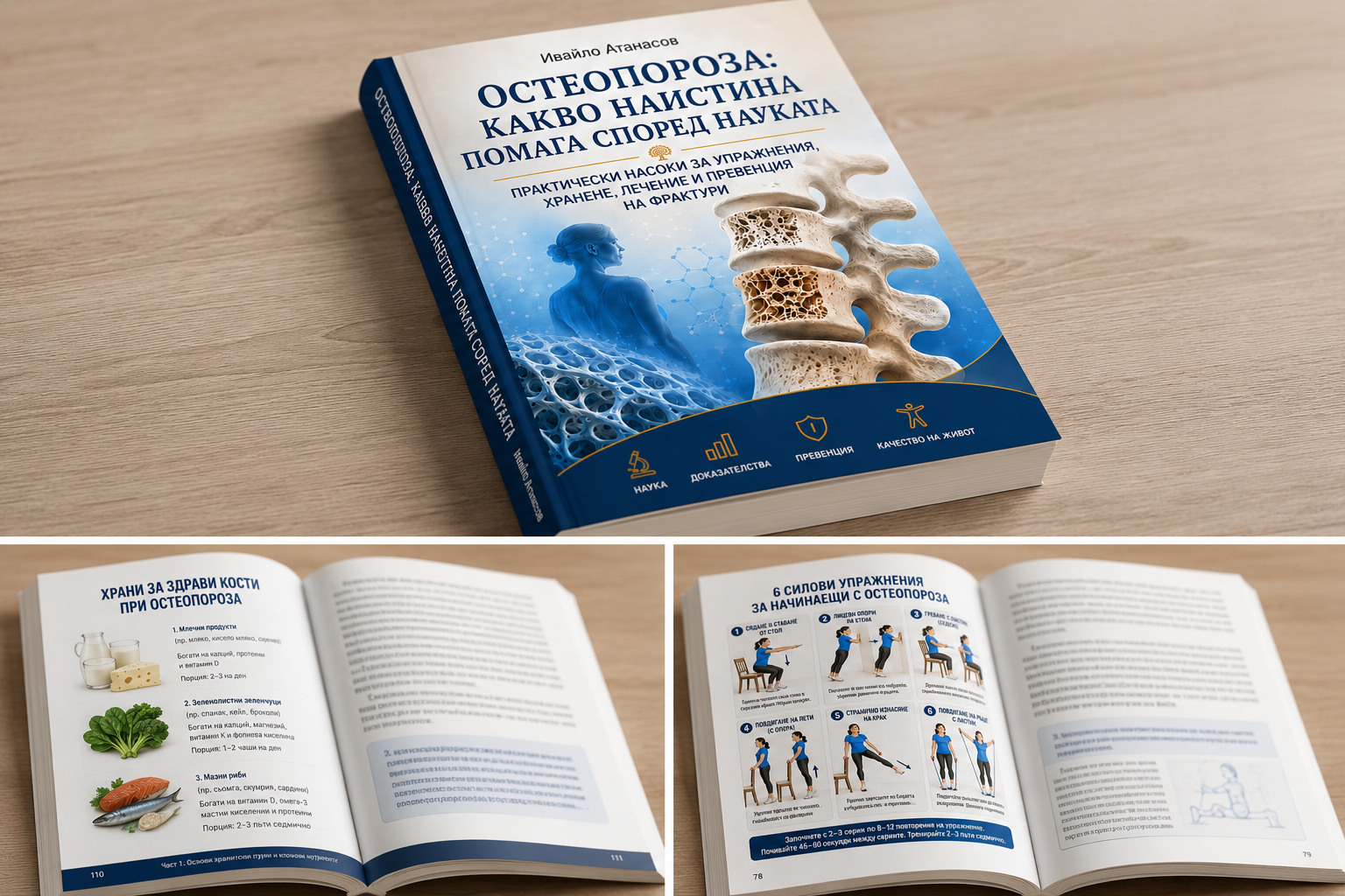 Книгата „Остеопороза: какво наистина помага според науката“ — корица и разтворени страници с практически съдържание
